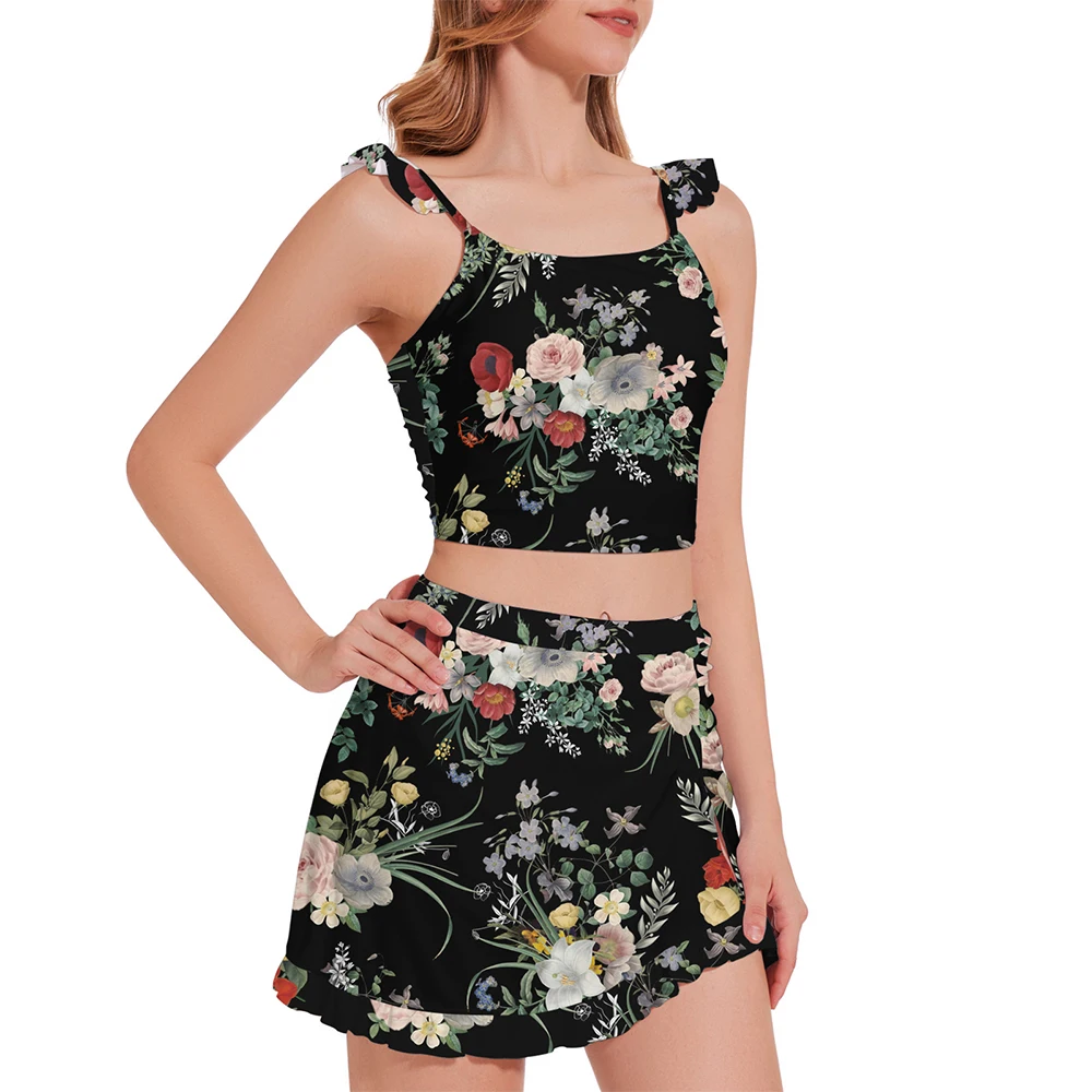 Women Two Pieces Swimsuit Black Floral Swimwear Bathing Suit High Waist Sexy Bikini Set Girls Swimming Suit Summer Beachwear