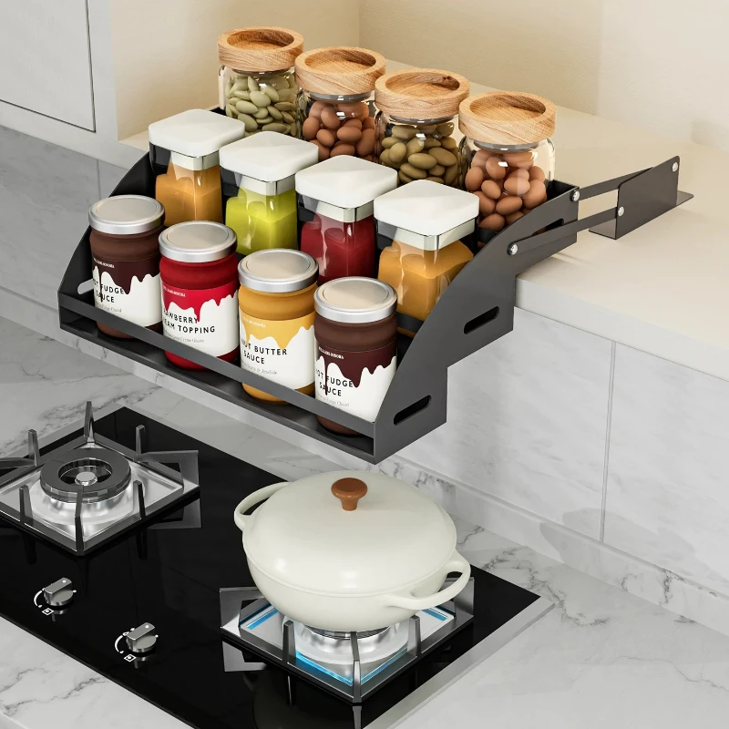 Pull Down Lift Up Basket Triple Tier Spice Rack Overhead Cabinet Storage Adjustable Modular System Smooth Operation Strong Load