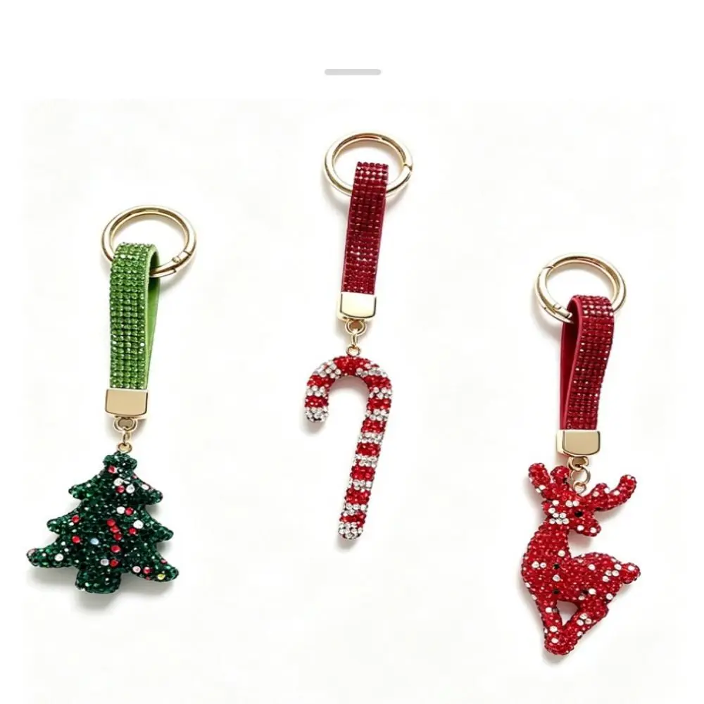 Key Rings Elk Rhinestone Christmas Keychain Cane Crutch Santa Claus Keychain Sparkly Blingbling Xmas Bag Charm Key Bag Decor