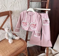 New Baby Girls Fall Long Sleeve Pink Love Pattern  Sets, Coat + Pants, Princess Casual Suits 2-7T