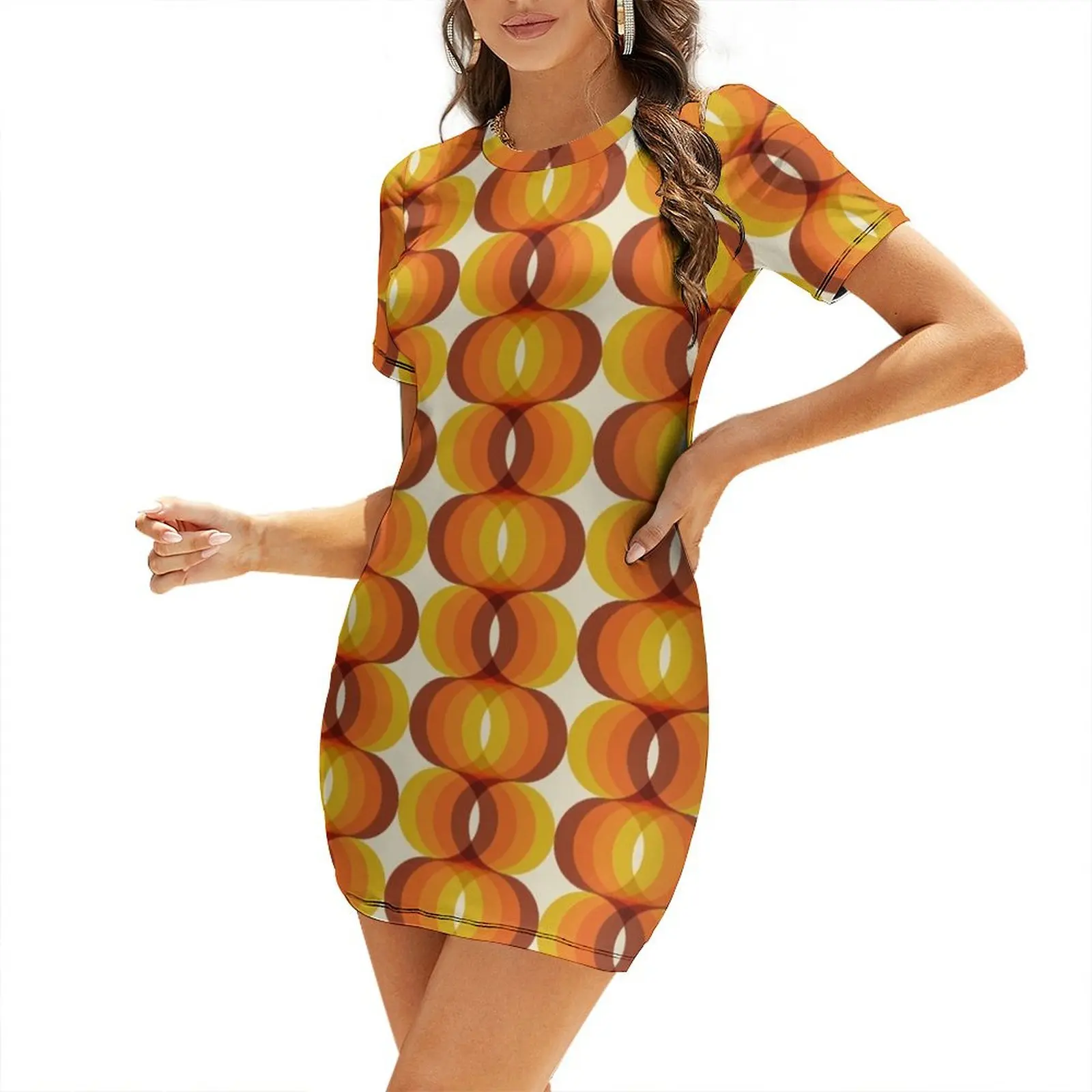 

Orange, Brown, and Ivory Retro 1960s Wavy Pattern Short Sleeved Dress Dress woman Women's dresses Dress