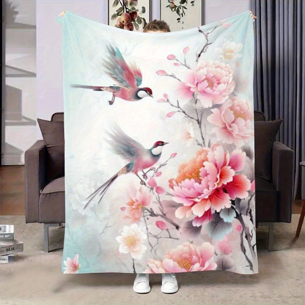 1pc Magpie and peony patterned blanket, polyester fabric, machine washable, suitable for bedroom and living room decoration.
