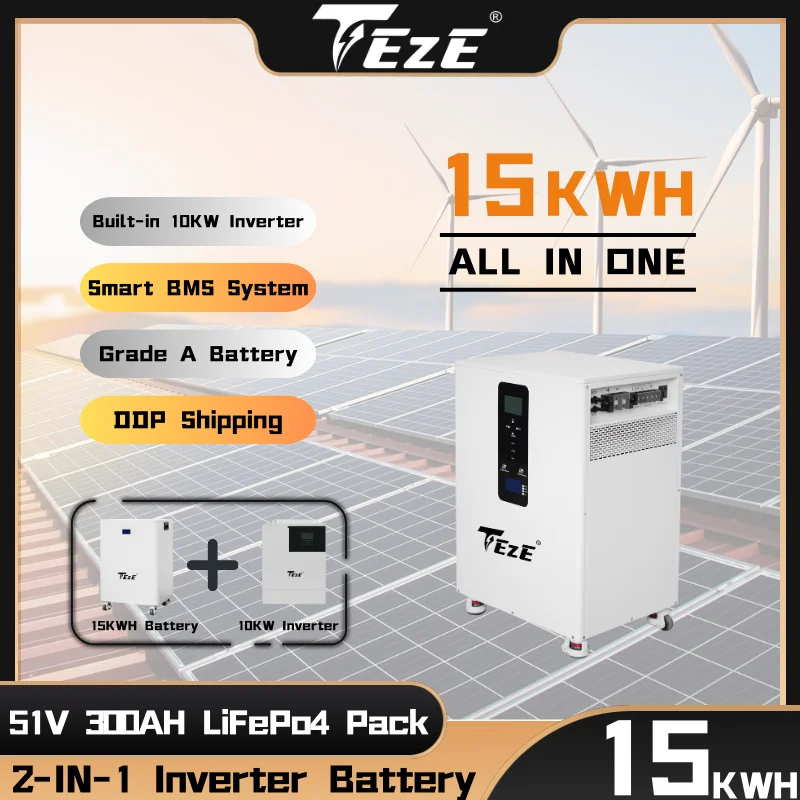 TEZE 51.2V 200-400Ah LiFePO4 بطارية 20KWH الكل في واحد المدمج في 10KW العاكس 15/20KWH Powerwall نظام الطاقة الشمسية المنزلية