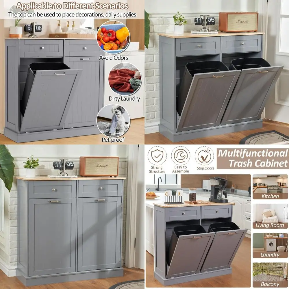 

Скрытый кухонный шкаф для мусора и переработки, вместимость 2x13 галлонов, устойчивый к домашних животных, серый