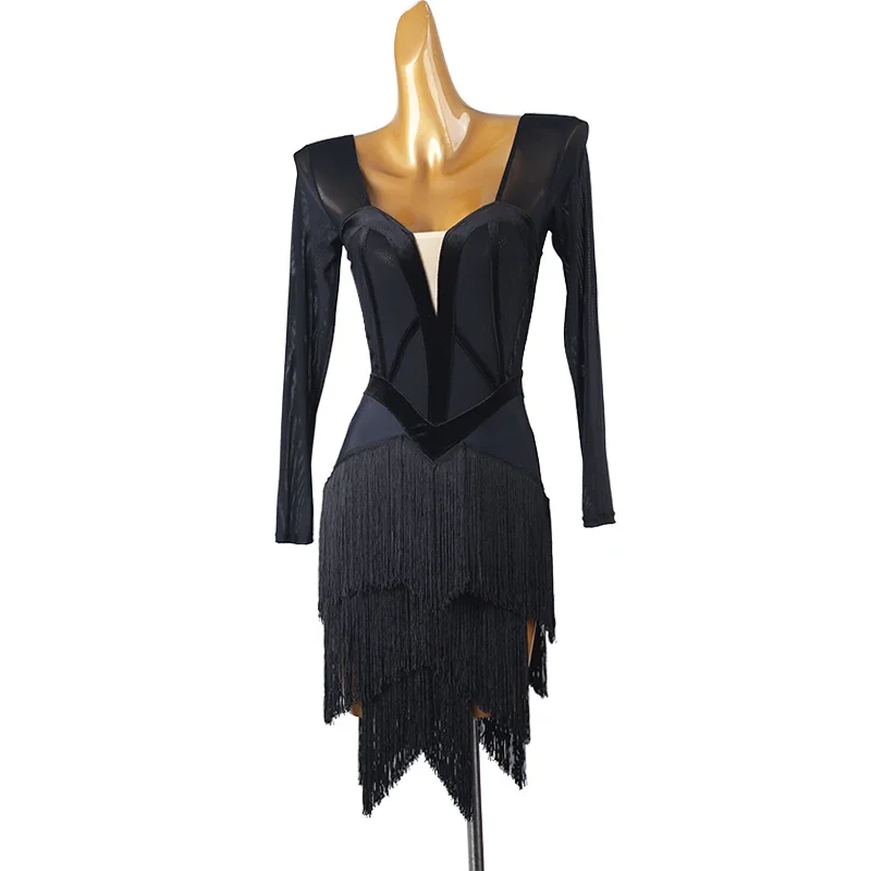 Nowa sukienka do tańca latynoamerykańskiego z frędzlami dla kobiet, na występy, salsę, rumby, imprezy, z długim rękawem, strój sceniczny do tańca towarzyskiego, 2025
