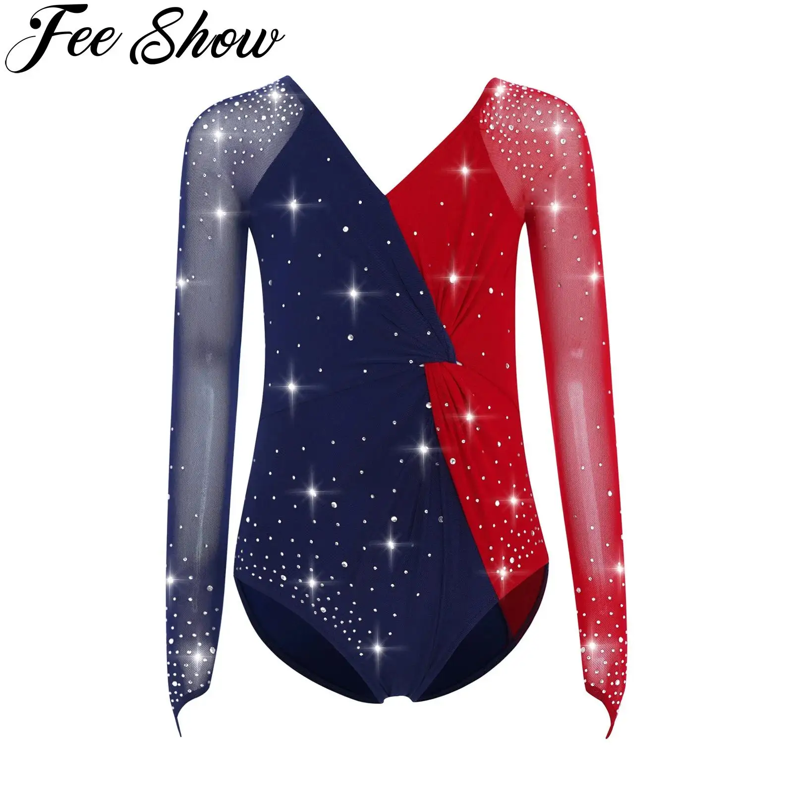 

Girls Ballet Dance Gymnastics Leotard Teen Figure Skating Acrobatics Performance Shiny Rhinestones Mesh Long Sleeves Jumpsuit
