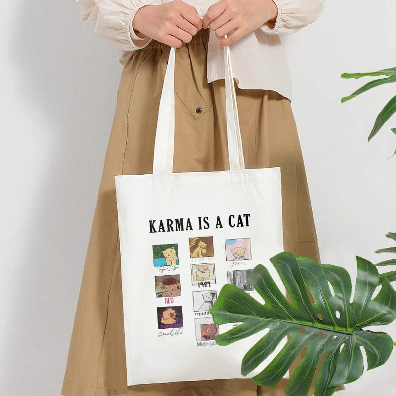 

Karma Is a Cat Pattern Tote Bags Canvas Shoulder Bag for Travel Daily Commute Women's Reusable Shopping Bag Best Gift for Her