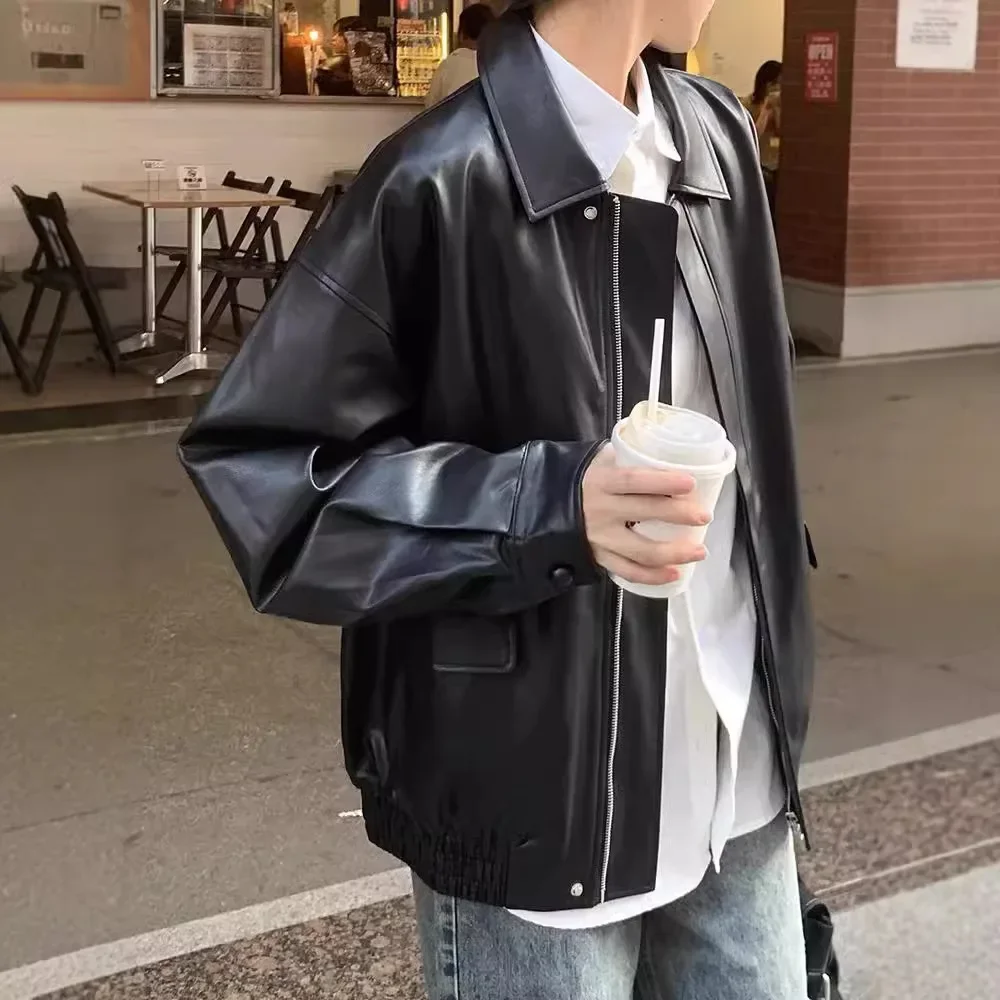 Dámská hnědá kožená bunda v hongkongském stylu, volná americká retro motocyklová bunda, top z polyesterového vlákna s dlouhým rukávem - náhled 3