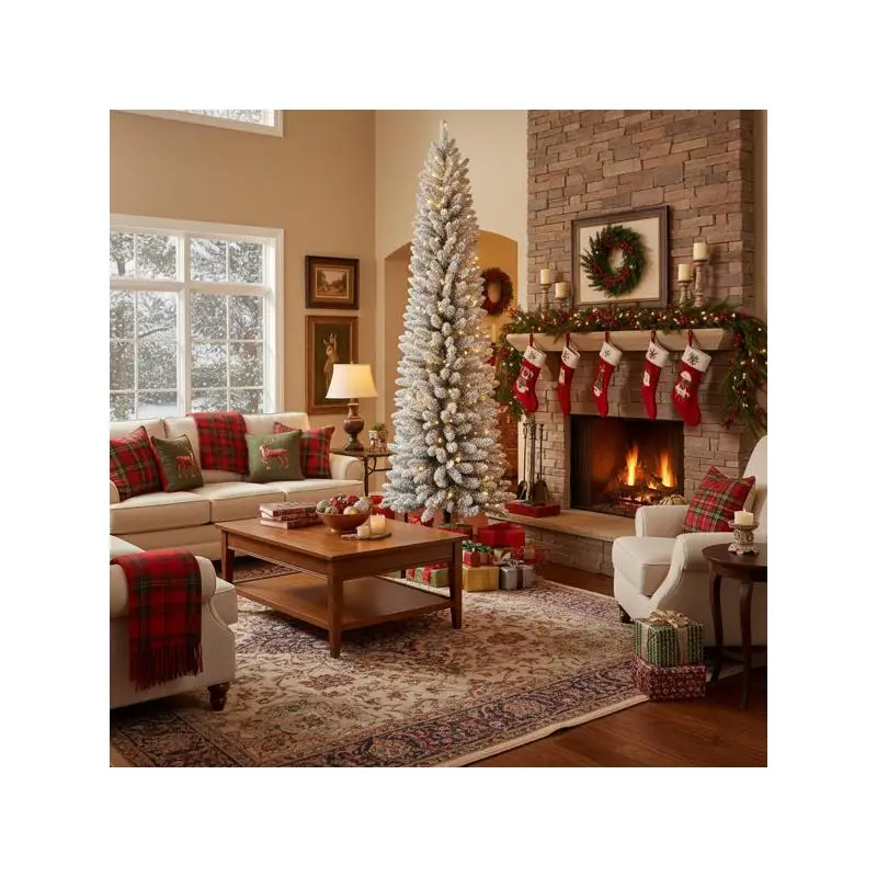 Флокированная тонкая рождественская елка-карандаш длиной 5 футов с 100 теплыми белыми светодиодами, 263 наконечниками, простая сборка, компактный дизайн, идеально подходит для