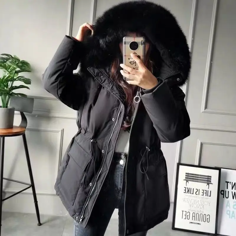 Winter New Fashion Big Fur Collar Padded Coat Women Solid Thickened Hooded Down Jacket Ladies Casual Short Drawstring Warm Coats