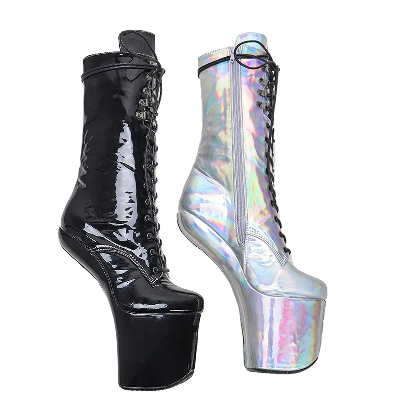 Leecabe  shinny  PU Upper Trendy fashion  Platform Ankle Boots Sexy Exotic heelless pole dance shoes