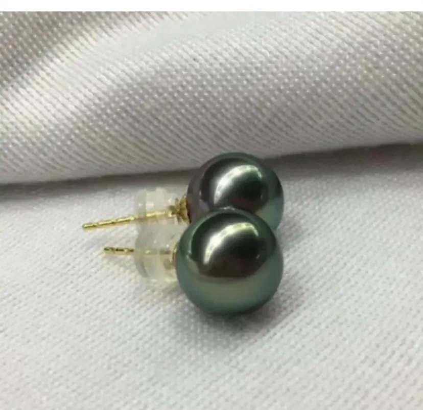 charming pair of 9-10mm tahitian black green pearl   earring