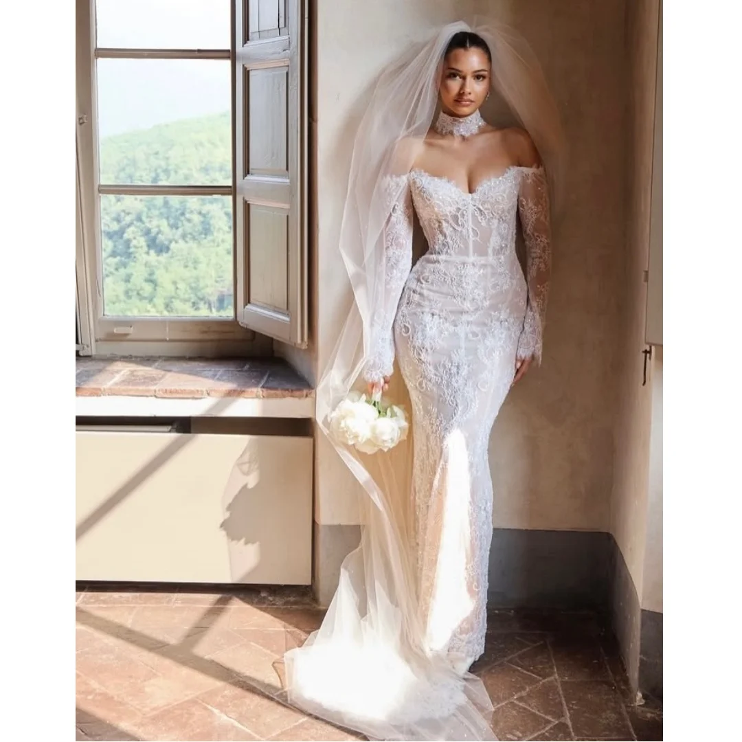 

Illusion Mermaid Wedding Dresses Off the Shoulder Long Sleeves Vestido de Novia Customized Lace Sequins Vestidos