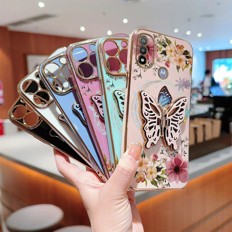 E 20 Flower Butterfly Plating Holder Phone Case For Motorola Moto G13 E13 E22 E32 E20 E22i E7Plus E7Power EDGE 20 EDGE 30 Cover