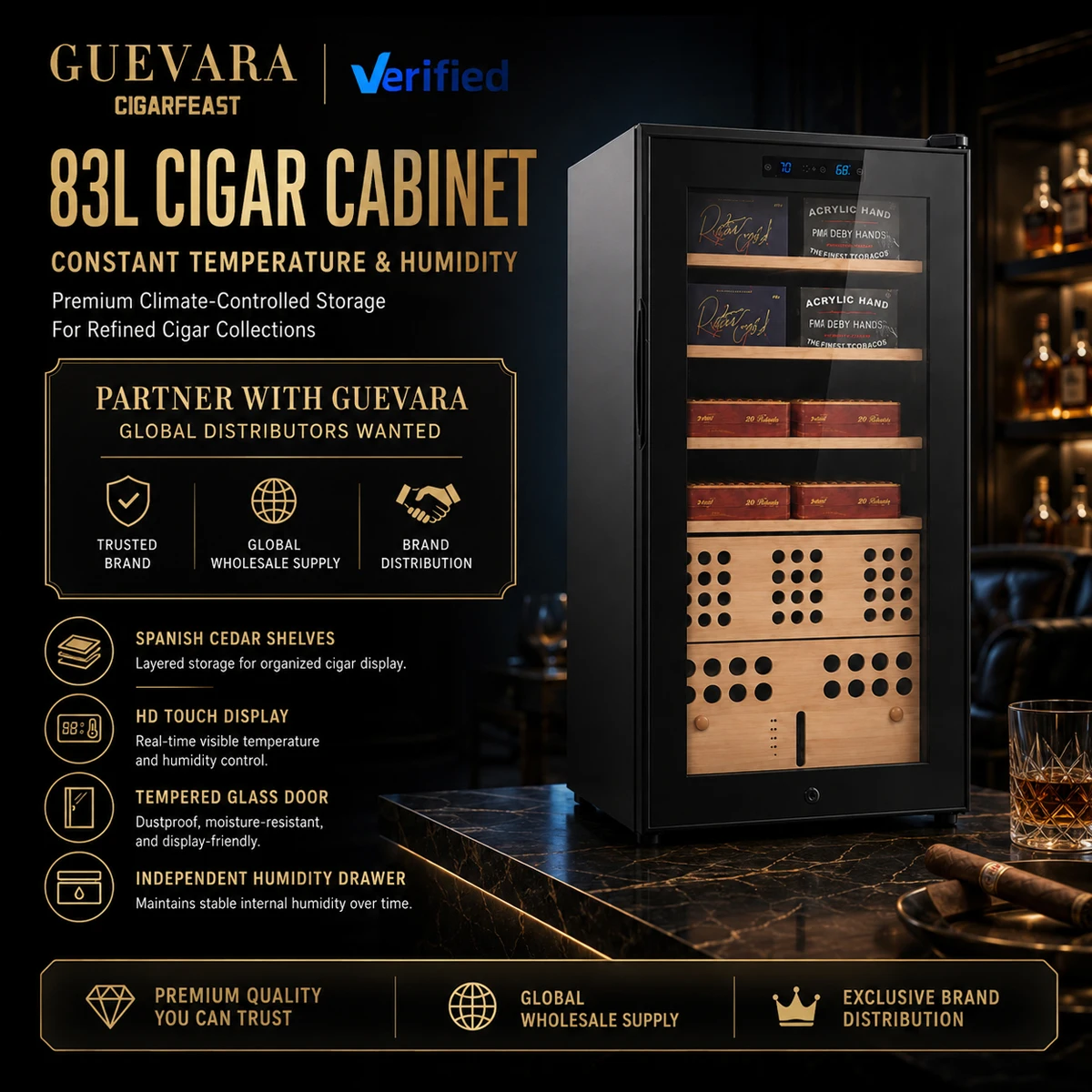 Constant Temperature Humidity Cigar Humidor Cabinet, Spanish Cedar Shelves, Touch Screen Electric Storage Cabinet For Home