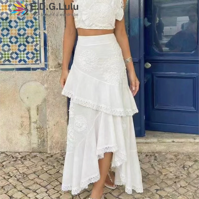 EDGLuLu Vacation Two Piece Set 2026 Spring New 3d Flower Strapless Short Top+High Waist Lace Patchwork Irregular Long Skirt 0124