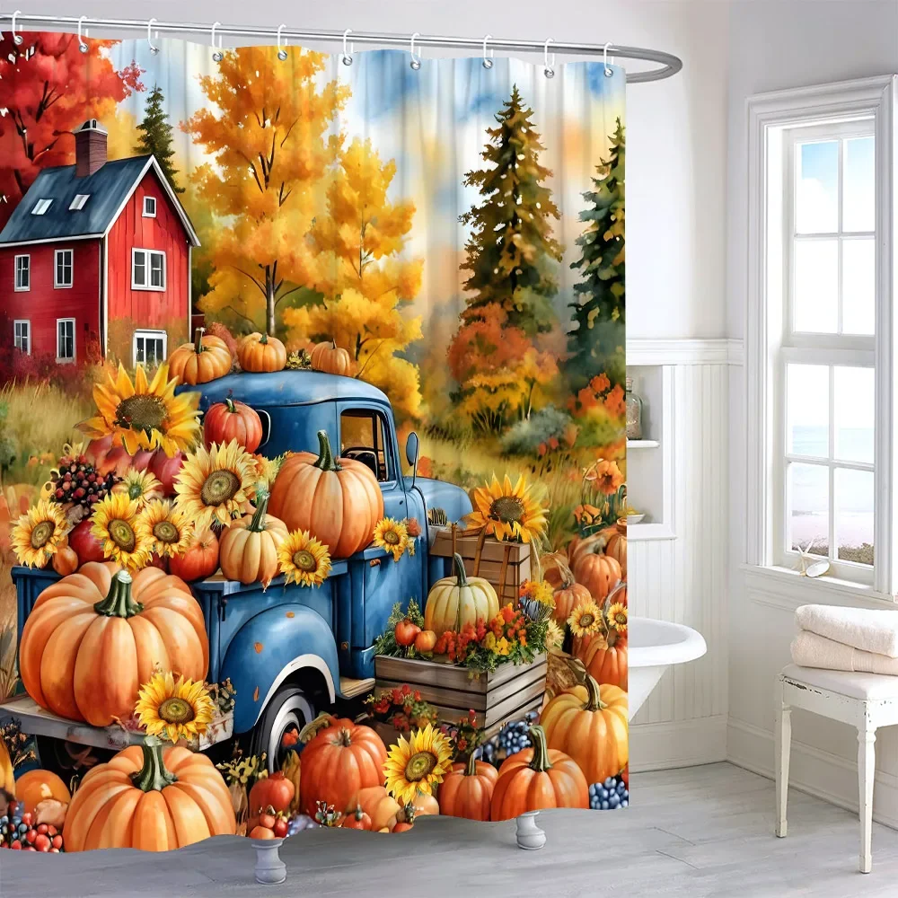 Thanksgiving Shower Curtain Rustic Farm Autumn Pumpkin Watercolour Leaf Polyester Fabric Printed Shower Curtains Bathroom Decor