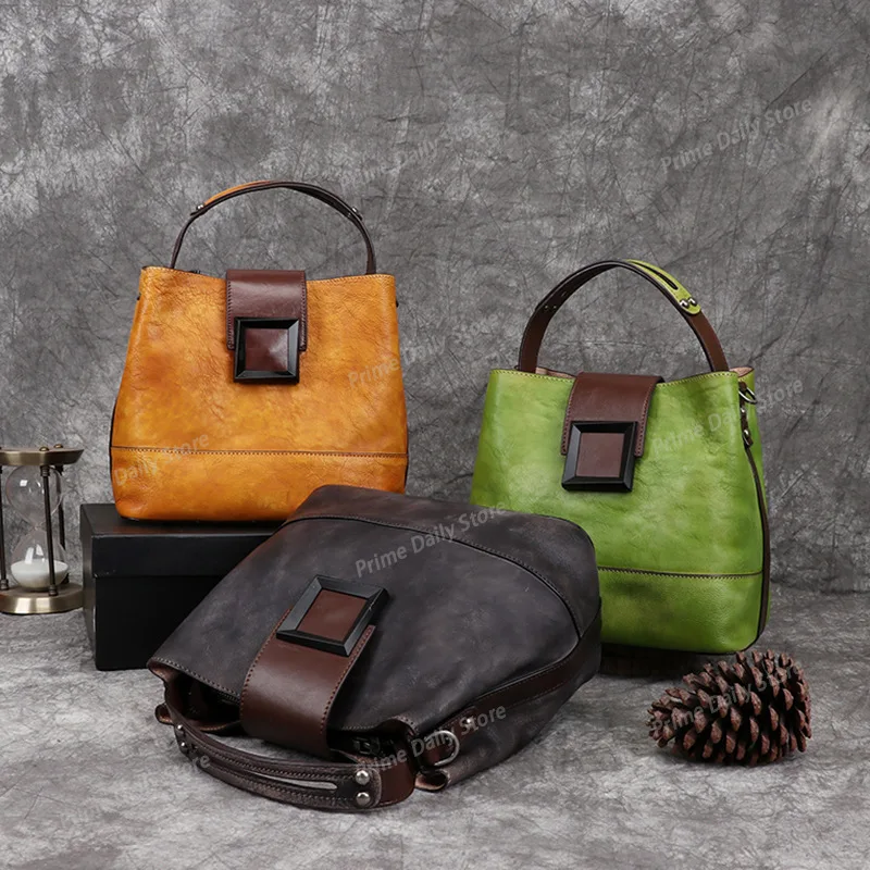 Retro Handmade First‑Layer Cowhide Bucket Purse, Genuine‑Leather Women’s Shoulder & Top‑Handle Daily Carry