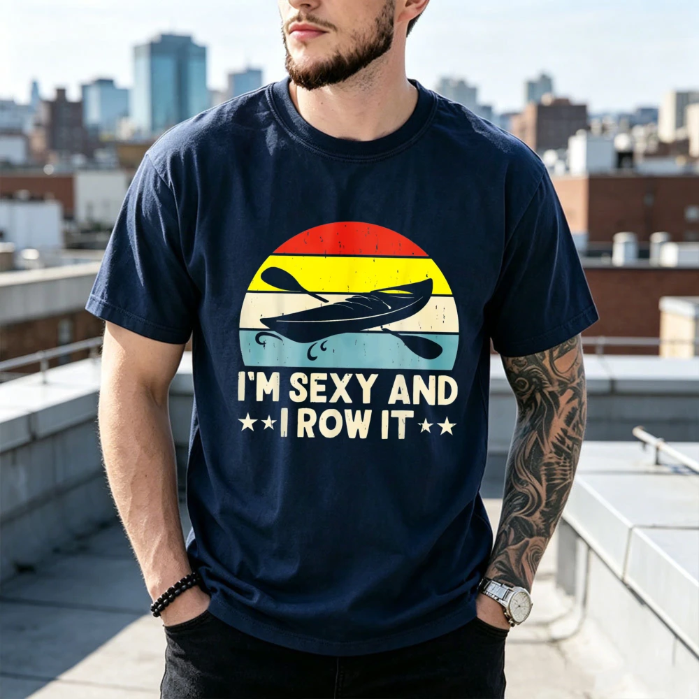Mens Retro Sunset Crew Neck Short Sleeve T-Shirt Im Sexy and I Row It Kayak Oars Stars Regular Fit High Quality Cotton Tee Tops