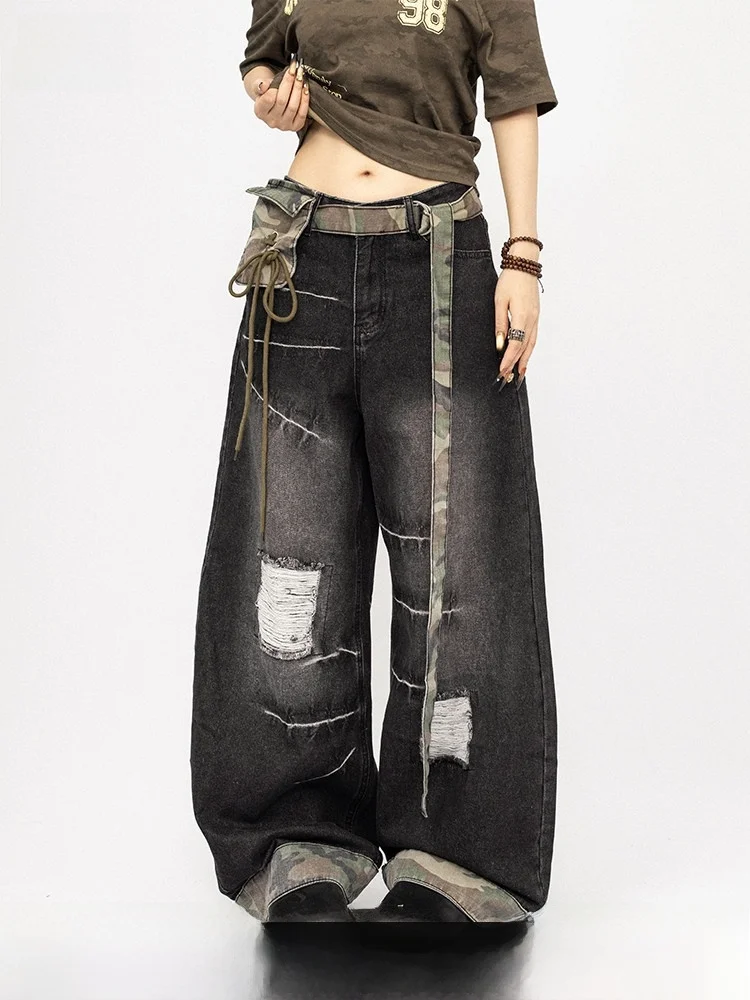 

OCTTFLAB American Retro Hot Girl Camouflage Belt Hole Denim Pants Women Loose Floor-Length Trousers Casual High Waist Wide Le...