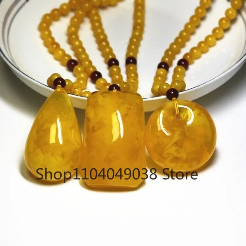 Natural Beeswax Pendant Chicken Oil Yellow Amber Hand String Bracelet Men's and Women's Water Drop Suit Sweater Chain Pendant