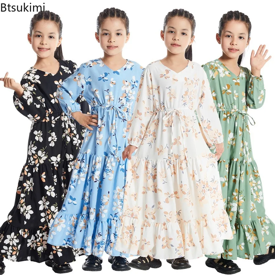 

Child Muslim Abaya Girls Floral Print Maxi Dress Moroccan Eid Party Dress Robe Turkey Arab Kaftan Islamic Clothing Prayer Caftan