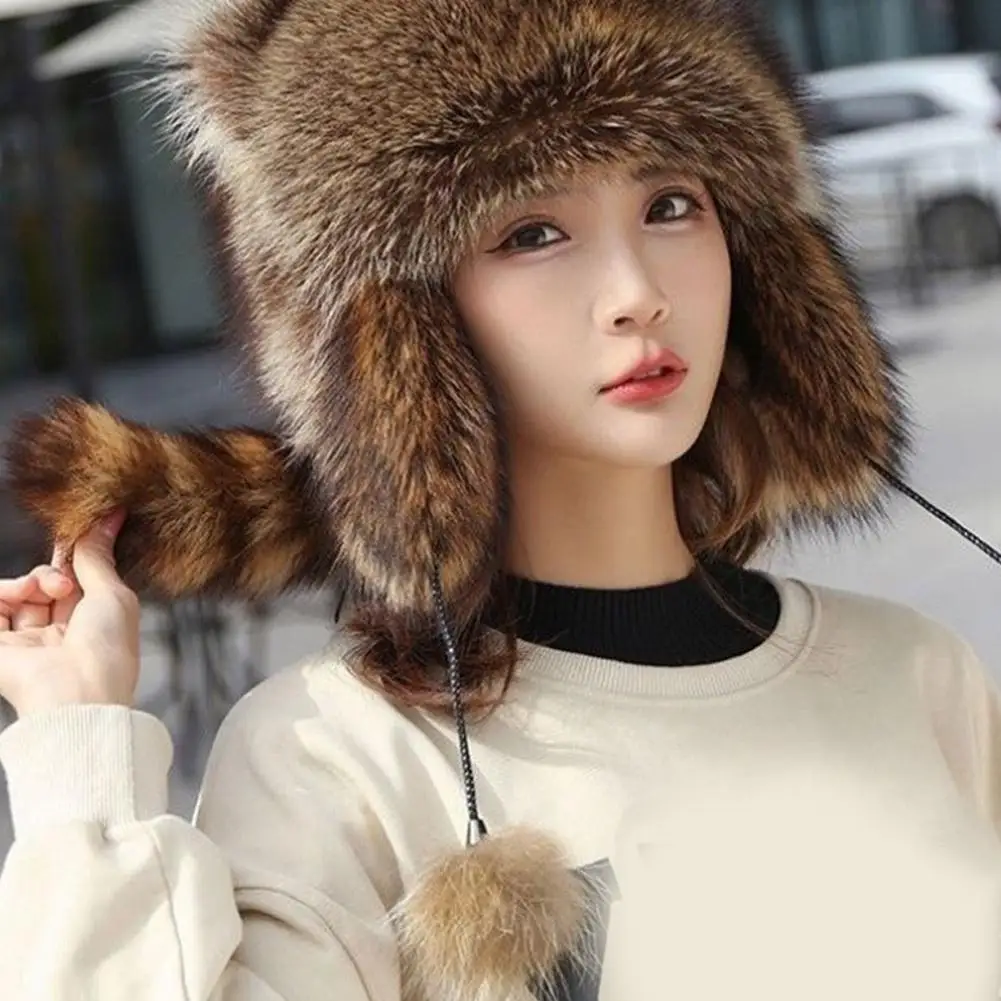 Plush Hat for Adult Children Teens Outdoor Commute Windproof Raccoon Tail Hat Mongolian Hat Russian Winter Keep Warm Hat Beanies