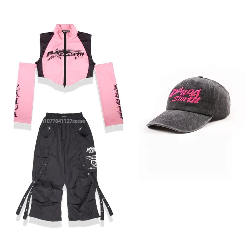 Danse de rue pour garçons et filles, danse jazz, défilé de mode, support de batterie, T-shirt, vêtements tendance, ensemble de costume de performance rose et noir
