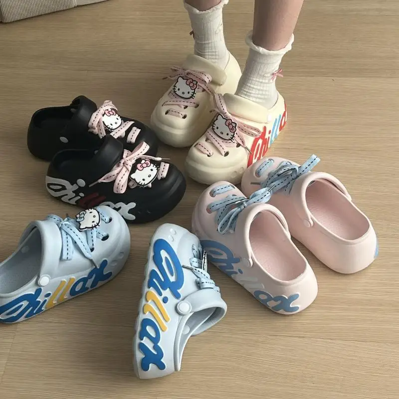 

Летняя садовая обувь Hello Kitty для девочек, сандалии с галстуком в стиле каваи, тапочки с рисунком аниме, граффити, модные сандалии для отдыха, милые тапочки, новые