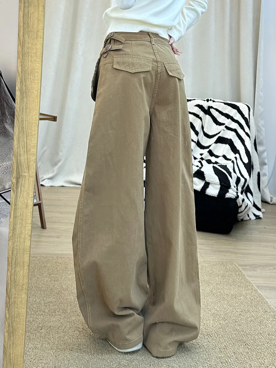 ReddaChic-pantalones largos rectos para mujer, pantalón Retro caqui liso, informal, holgado, de tiro alto, por encima de la parte delantera, Palazzo