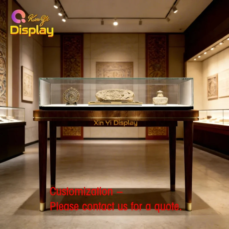custom.Modern Luxury Museum Counter Display With LED Lighting Gold/Brown Customizable Design Retail Muse