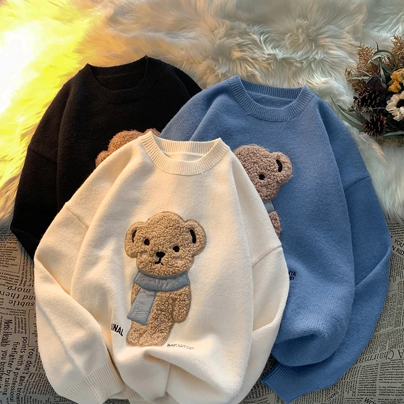 Women Pullovers Winter Jumpers Knitwear Cute Bear Sweater Knitted Harajuku 2021 Round Collar Loose Pullovers Oversized Teens New