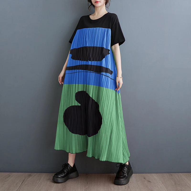 فستان صيفي جديد فضفاض بمقاس كبير مع طباعة وتصميم فني، فستان أنيق بأسلوب تنورة مميز مصنوع من مزيج البوليستر والقطن