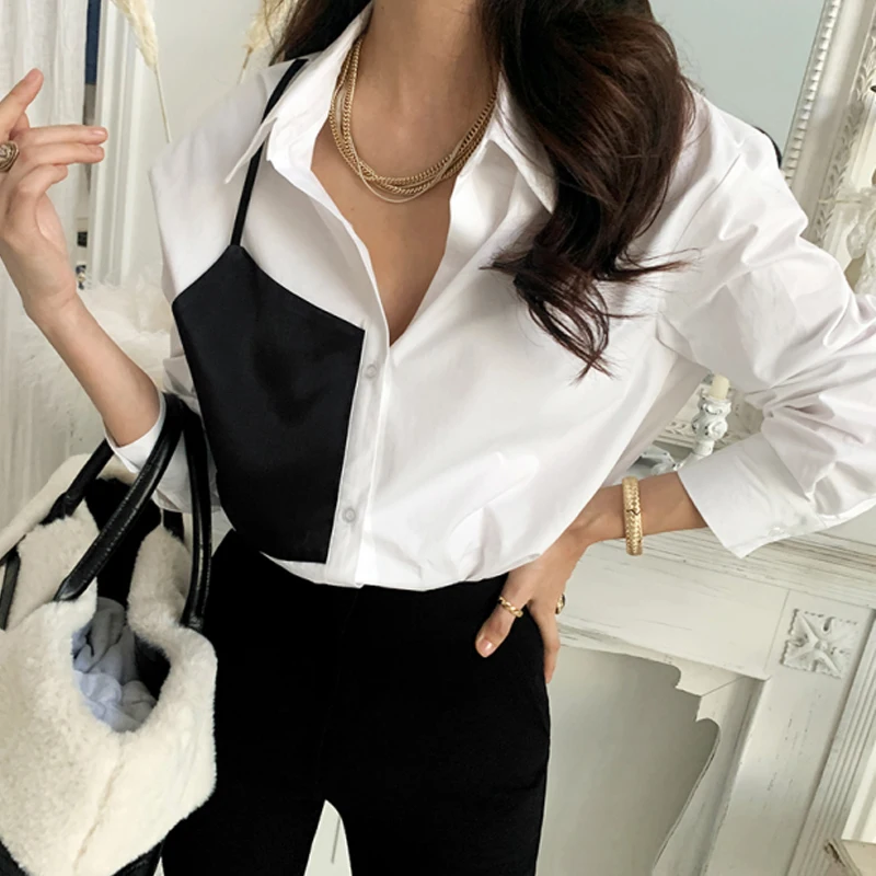 

Chic Asymmetric Strapl Patchwork irt Design Loose Long Sve Collar Women's Spring Top Fake Two-Piece Outfit
