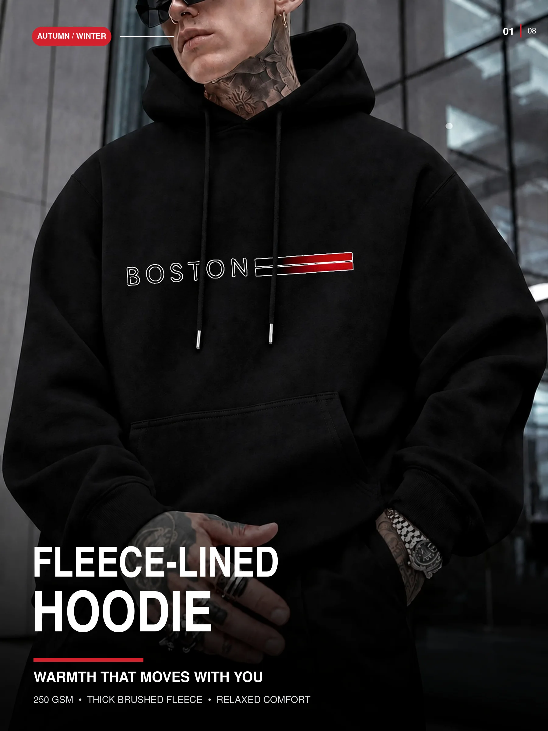 Men's Halloween Bostone Text Graphic Pullover Hoodie, Streetwear Autumn Winter Casual with Red Stripe and Kangaroo Pocket