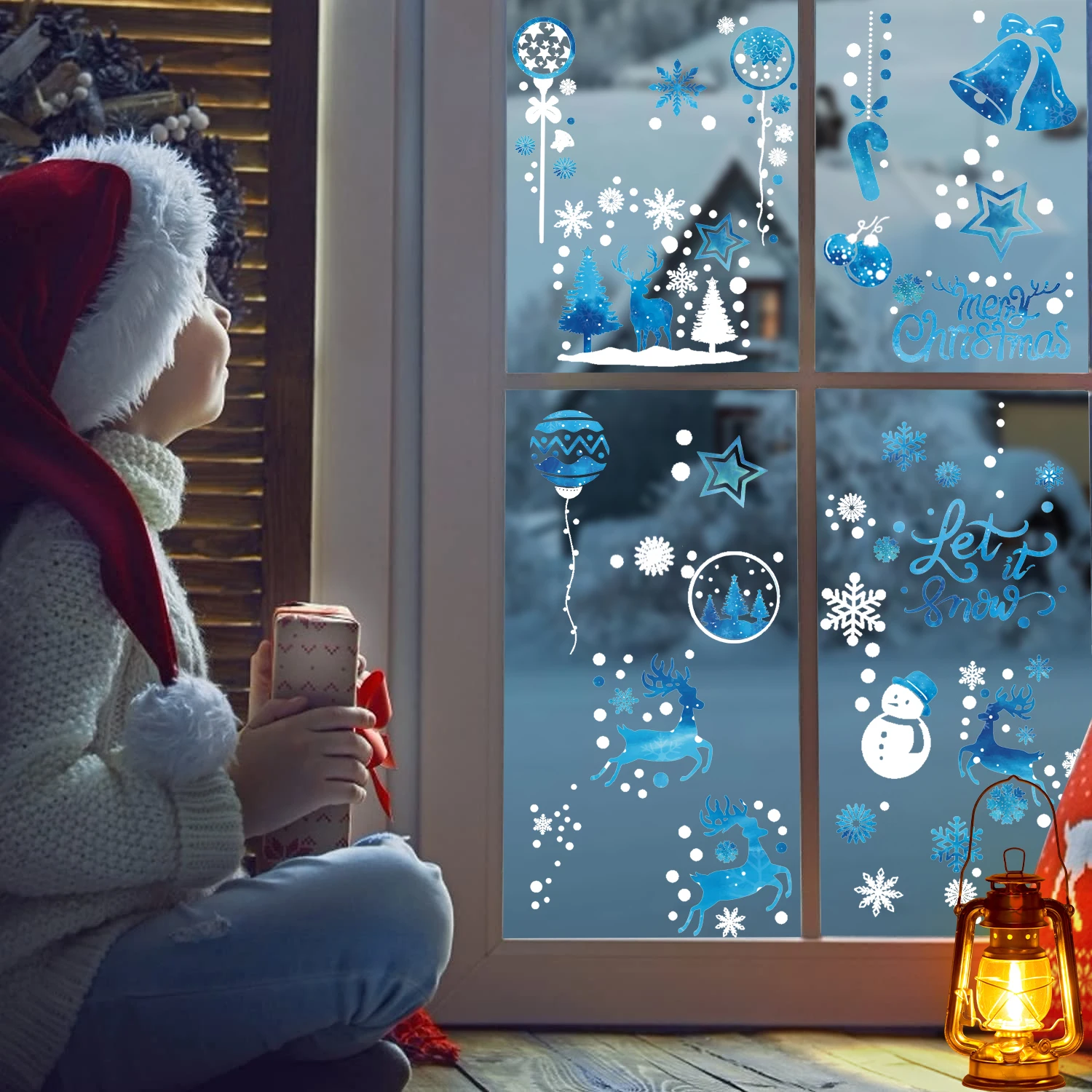 8PCS Christmas Snowflakes Electrostatic Window Clings Winter Wonderland Decal Stickers Santa Claus Window Decals Xmas Home Decor