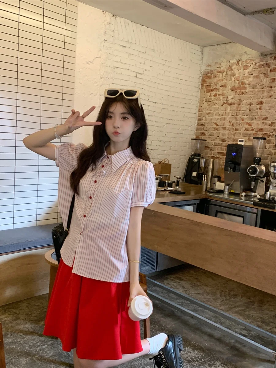 

Женская милая школьная orm irt и красная юбка трапециевидной формы с высокой талией размера плюс, с галстуком-бабочкой в полоску, модное лето...