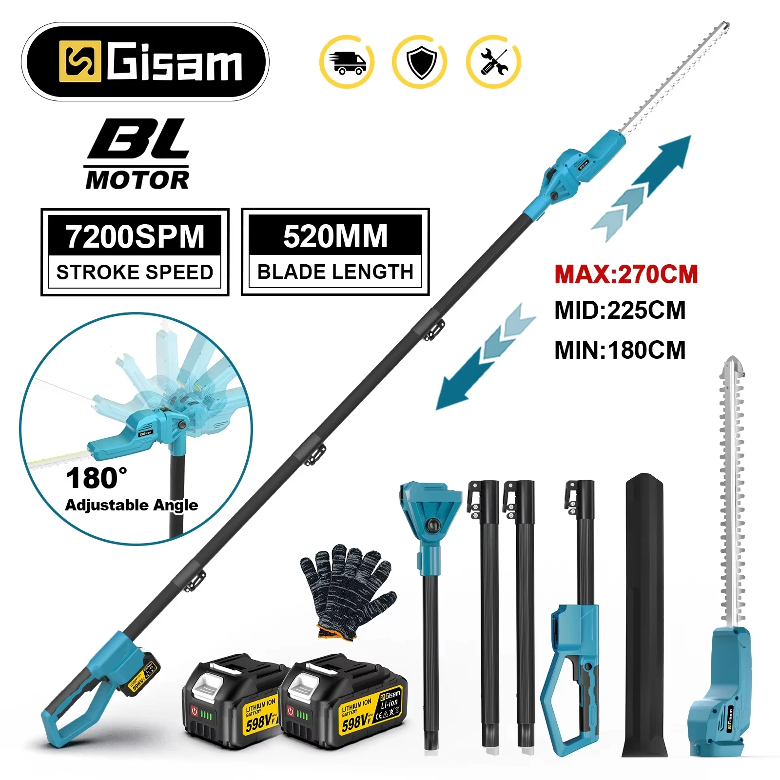 Gisam Elektrische Hochastschere, Bürstenlose Akku-Teleskop-Heckenschere, Gartenwerkzeug für Makita 18V Akku