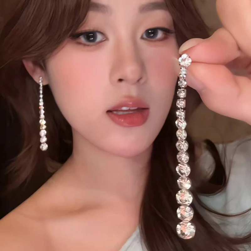 Temperament Luxury Sparkly Zircon Long Tassel Dangle Earrings For Women Korean  Wedding Engagement Jewelry Accessories