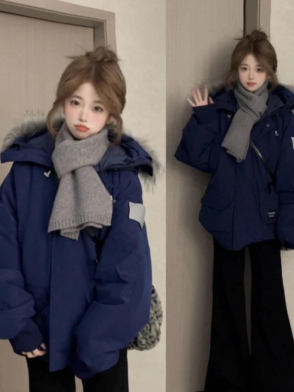 

Korean Sle Thiened Warm Cotton Jaet with Large Fur Collar Faionable Outerwear Coat for Women Winter Season