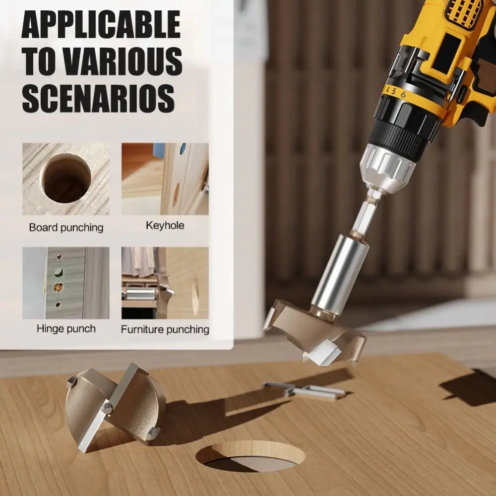 10-50mm Hinge Boring Bit Three Teeth Double Edge Opener Expanding Drill Bit Durable Hexagon Handle Hole Opener Tool 1/4in Shank