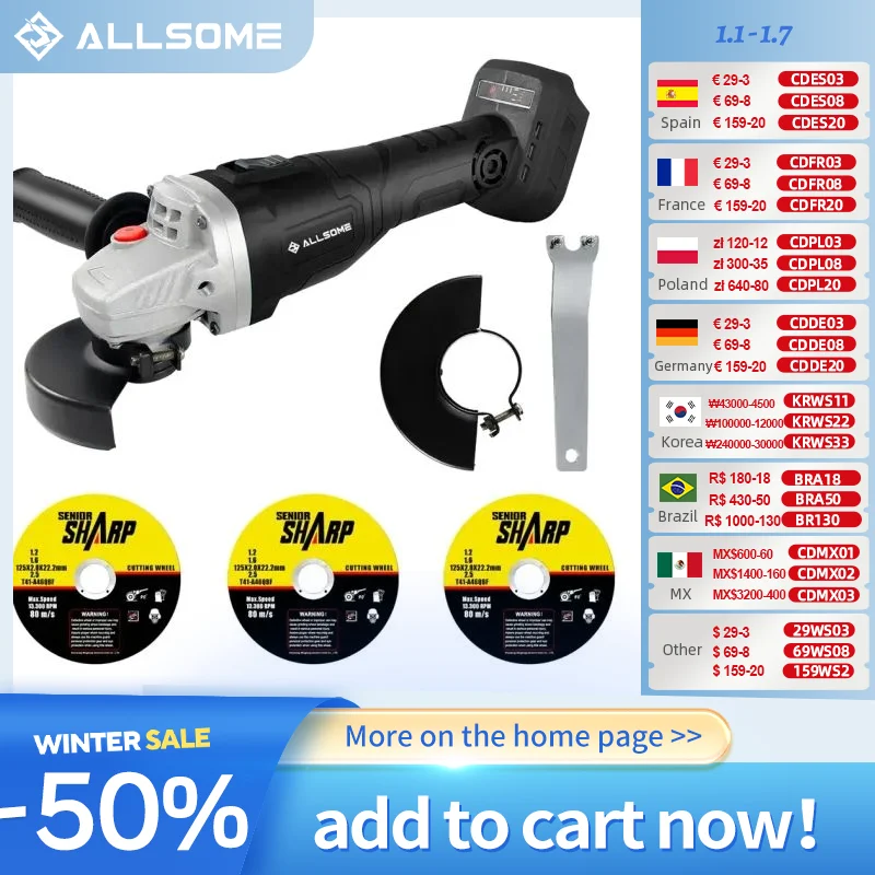 Allsome 18V Brushless Cordless 125mm Angle Grinder - Tool Only