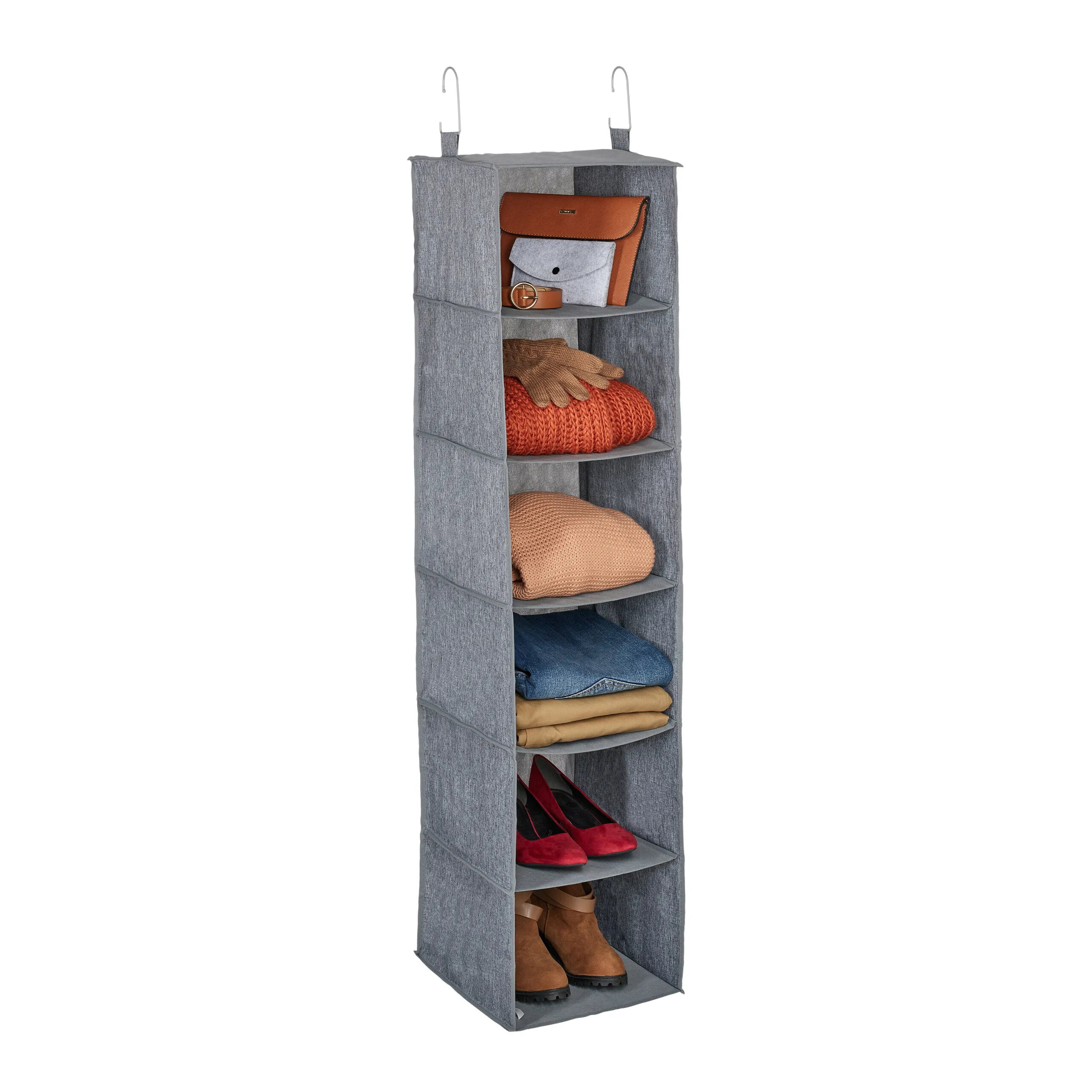 Mensola a sospensione con 6 scomparti, in poliestere e plastica, per armadio, dimensioni 131x30x30 cm, 2 ganci, pieghevole, grigia e nera, organizer da appendere, Relaxdays.