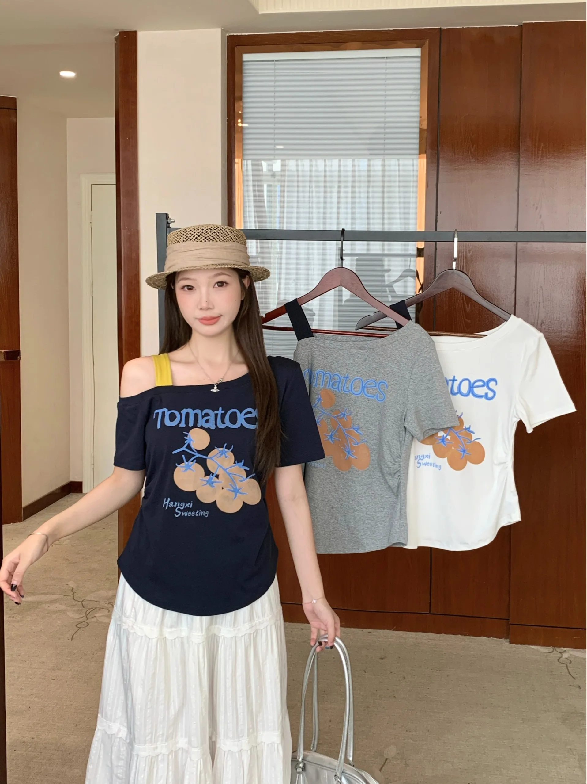 

plus Size Women's Casual Floral Print Short Sleeve T-Shirt Summer New Style Slimming Versatile Design Shoulder Baring Strap Top