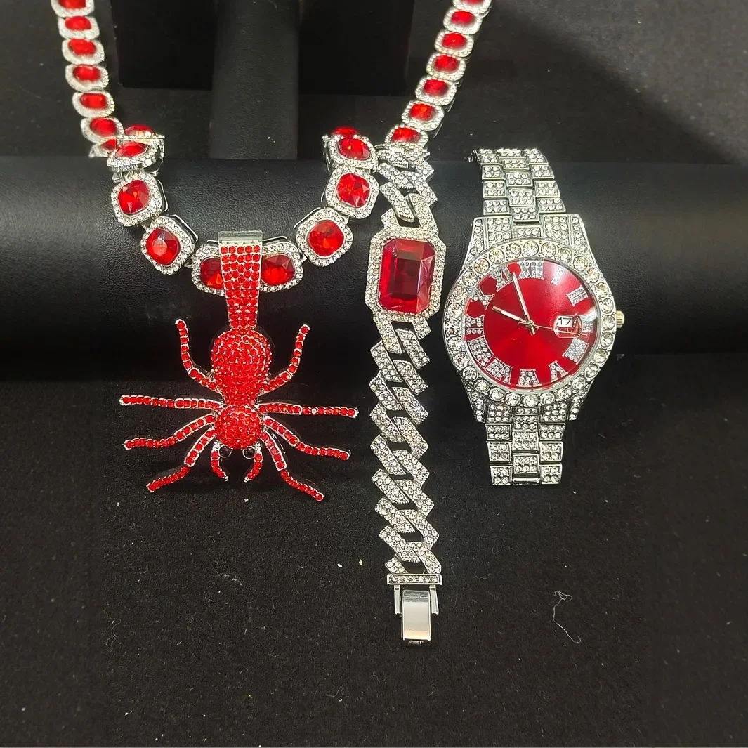 Hip Hop Jewelry Set for Men - Roman Watch Cuban Chain Necklace & Bracelet with Spider Pendant, Iced Out Streetwear Gift Box