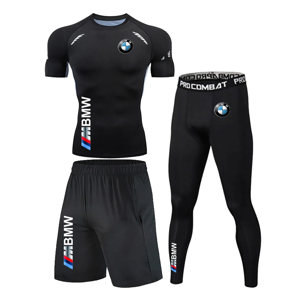 Camiseta Y2K de compresión para gimnasio para hombre, 1 pantalones cortos largos, 3 piezas, totalmente abierta, transpirable, secado rápido, conjunto de fitness para ejercicio, logotipo de BMW