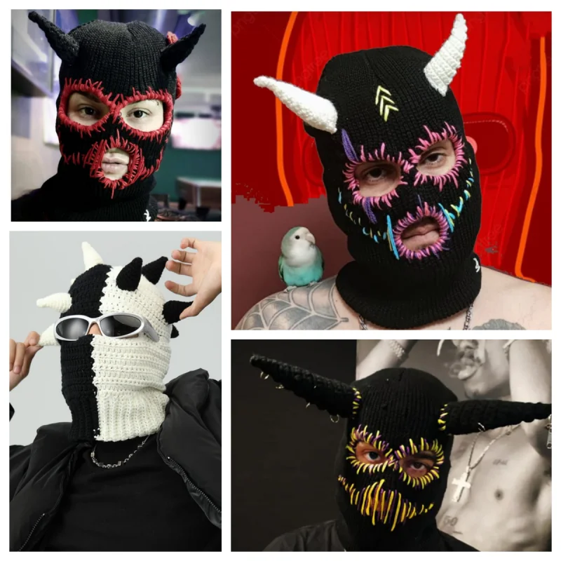 

Unisex Warm Winter Caps Devil Horns Sewed Mouth Scars Knitted Hat Adults Halloween Ski Mask Warm Knit Hat