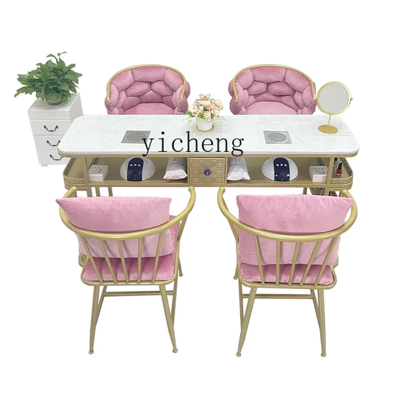 

ZWS. Vacuum Cleaner Nail Table Set Marble Internet celebrity Nail Table Pink Bread Chair