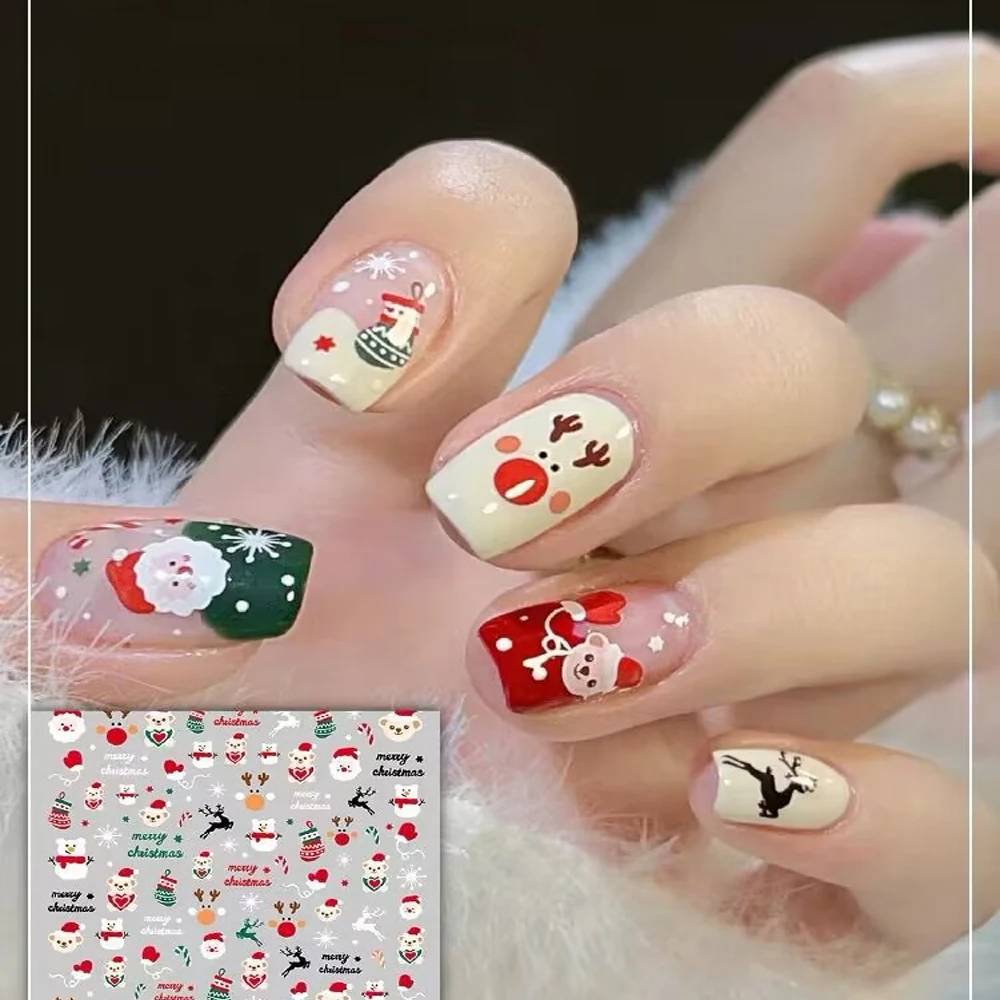 1pcs Nail Art Sticker White Snowflakes Cartoon Santa Claus Elk Christmas Decal 3D Embossed Cartoon Snowma DIY Manicure Sticker