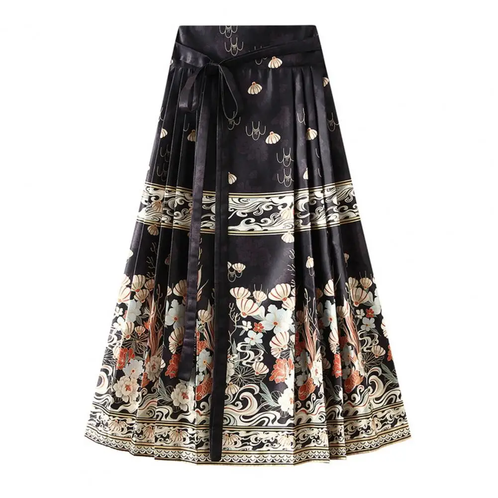 

Chinese Ming Skirt High Waist Vintage Skirt Elegant Seft Tie Floral Print Pleated Horse Face Skirt Women 2024